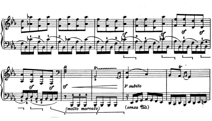 Ejemplo de síncopa acentuada en la sonata no. 13, Beethoven
