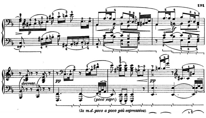 Ejemplo de sforzando delineando la estructura en un pasaje de la sonata 21, Beethoven