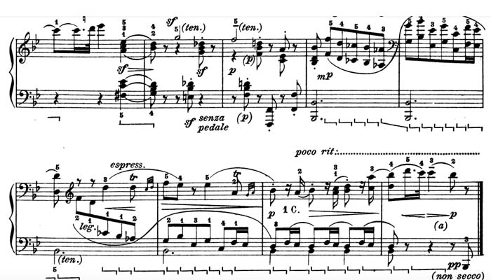 example of registers from sonata No. 17, Beethoven